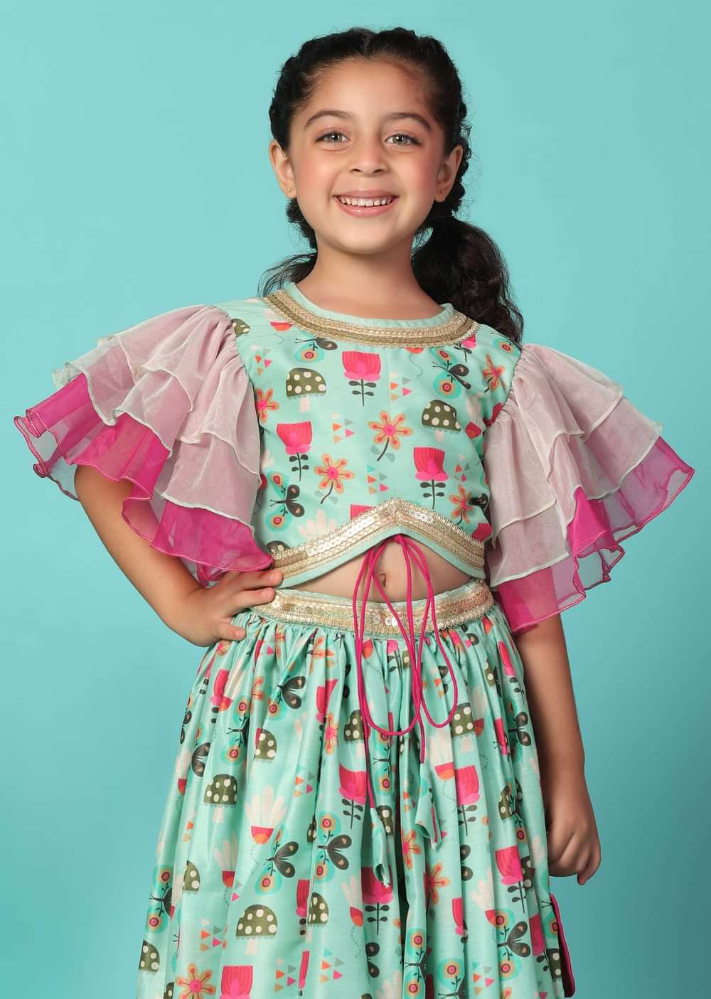 Kalki Sea Green Top And Lehenga Set In Cotton Silk For Girls