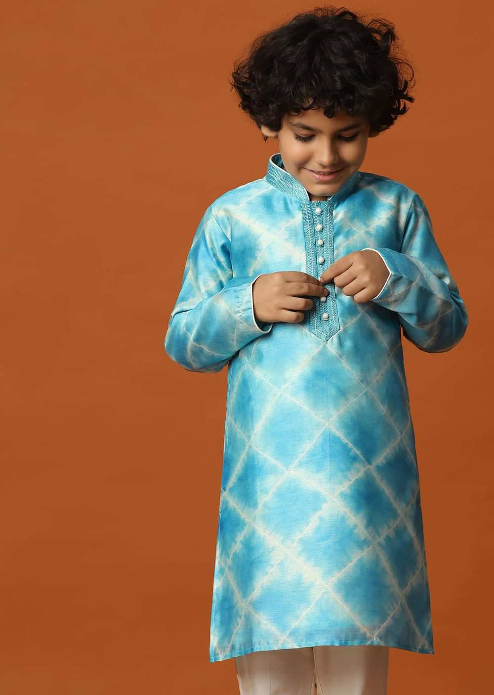 Kalki Sky Blue Boys Kurta Set In Silk With Threadwork And Pearls Around The Yoke For Boys