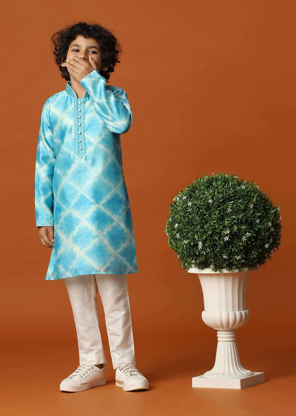Kalki Sky Blue Boys Kurta Set In Silk With Threadwork And Pearls Around The Yoke For Boys