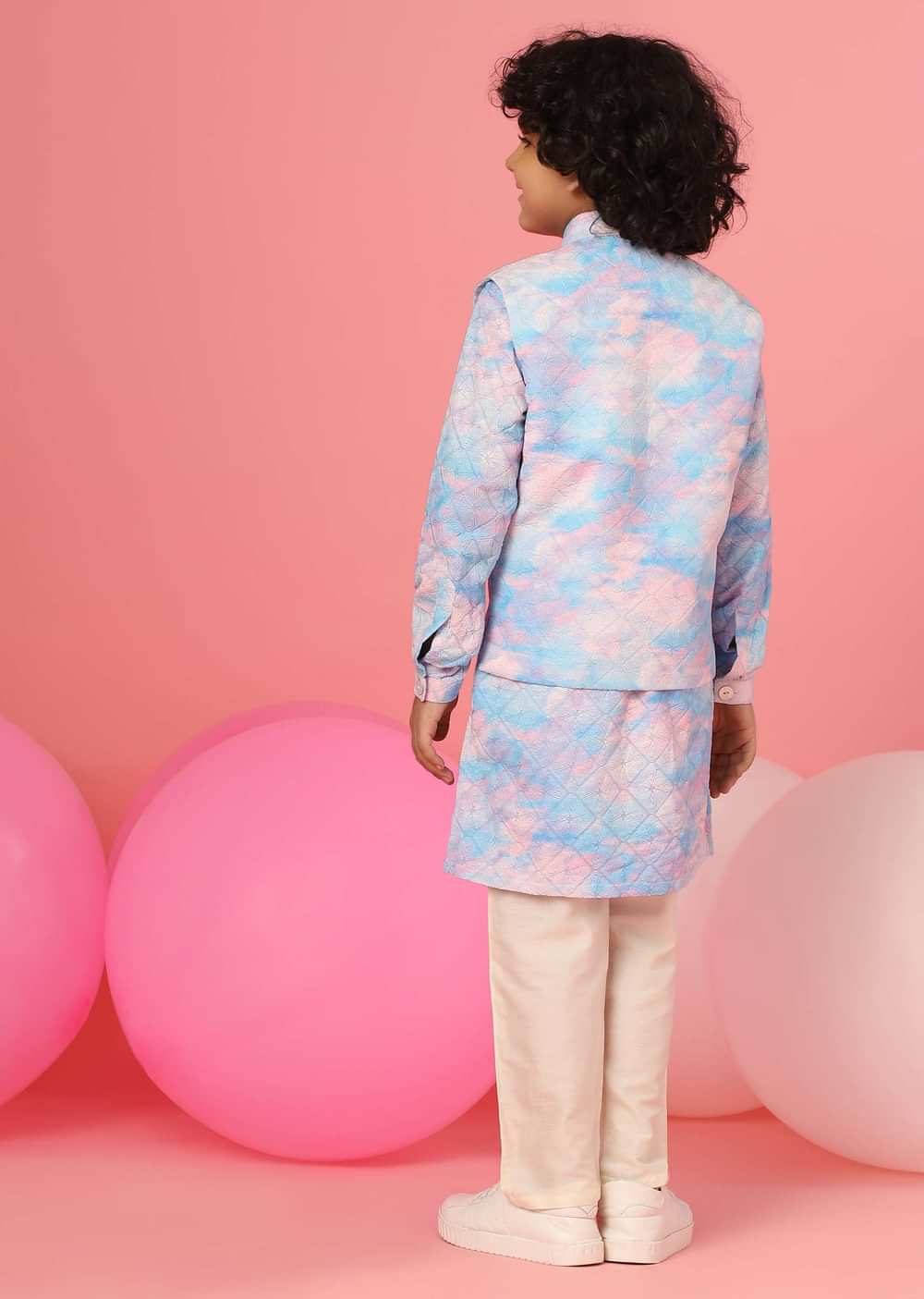 Kalki Sky Blue Tie-Dye Bandi Jacket Set In Silk With Threadwork For Boys