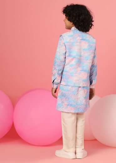 Kalki Sky Blue Tie-Dye Bandi Jacket Set In Silk With Threadwork For Boys