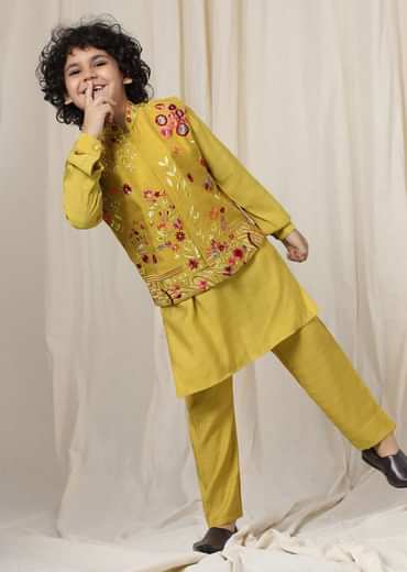 Kalki Sulphur Yellow Embroidered Bandi Kurta Set In Silk For Boys