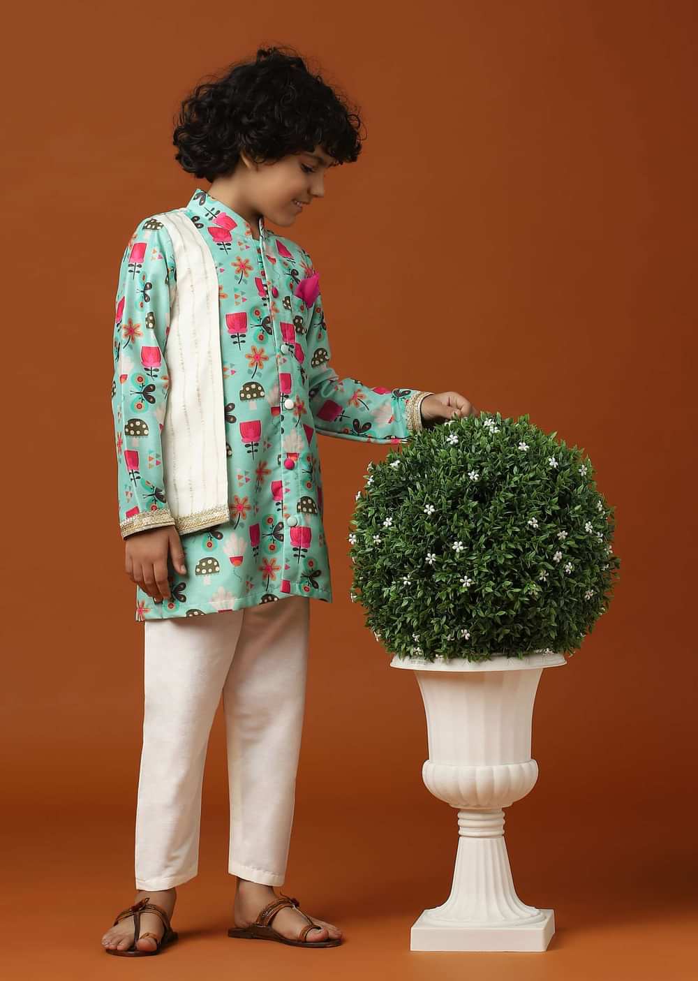 Kalki Teal Green Printed Kurta Set In Cotton Silk For Boys