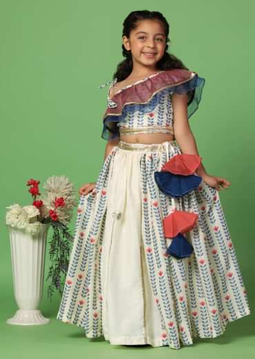 Kalki White Printed Top And Lehenga Set In Cotton Silk For Girls