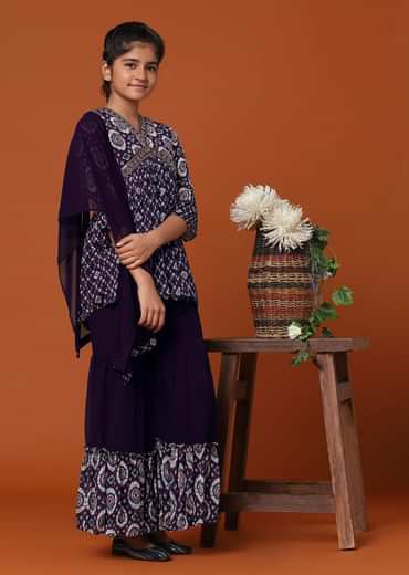 Kalki Wine Purple Bandhani Printed Kurti And Palazzo Set In Georgette Chinon For Girls