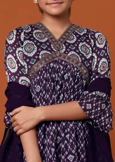 Kalki Wine Purple Bandhani Printed Kurti And Palazzo Set In Georgette Chinon For Girls