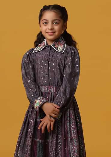 Kalki Wine Purple Top And Skirt With Sequins Embroidery In Chinon For Girls