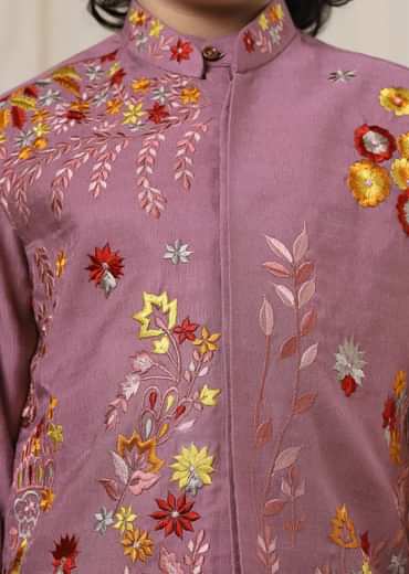 Kalki Wistful Mauve Purple Embroidered Bandi Kurta Set In Silk For Boys