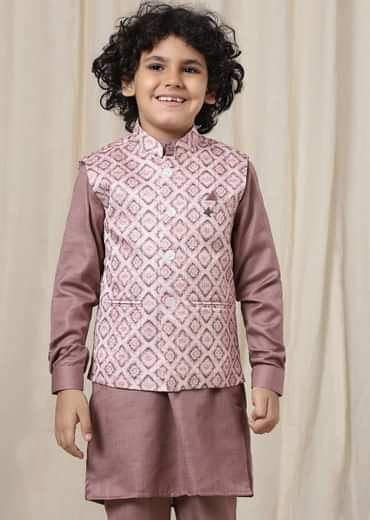 Kalki Woodrose Purple Kurta Set With Printed Bandi Jacket In Silk For Boys