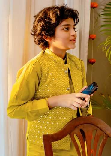 Kalki Yellow Embroidered Bandi Jacket Set With Abla Work For Boys