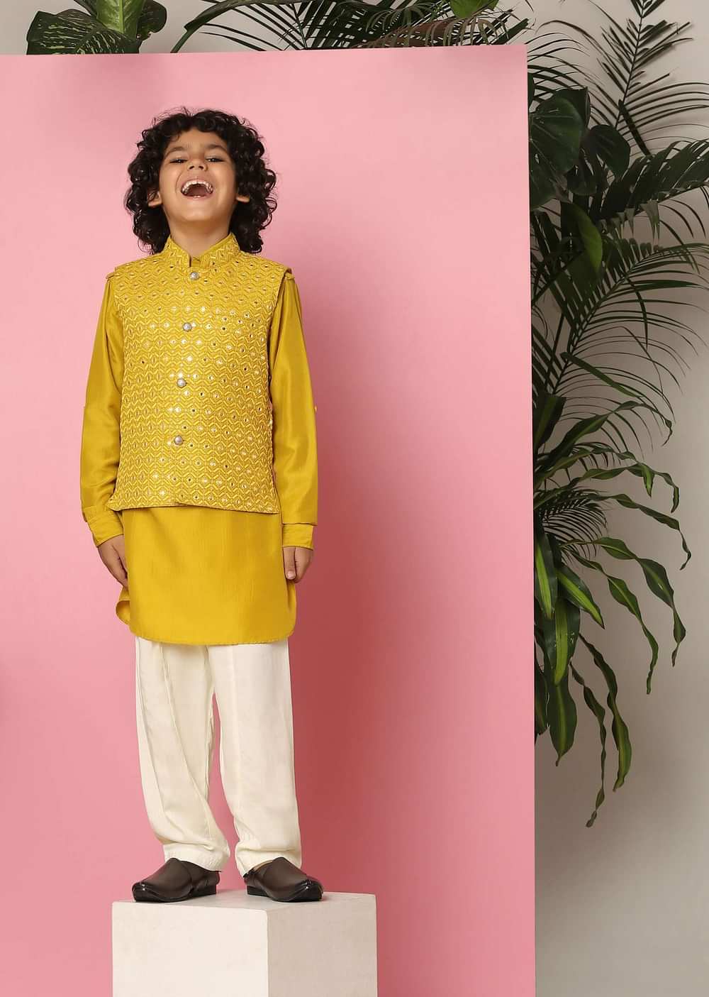 Kalki Yellow Embroidered Bandi Jacket Set With Abla Work For Boys