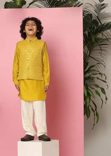 Kalki Yellow Embroidered Bandi Jacket Set With Abla Work For Boys
