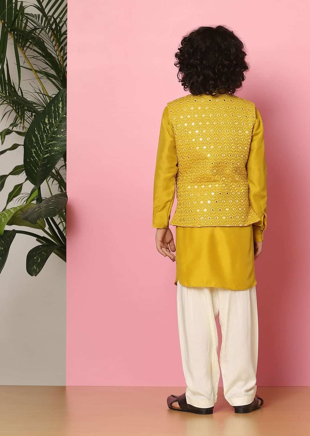 Kalki Yellow Embroidered Bandi Jacket Set With Abla Work For Boys