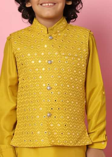 Kalki Yellow Embroidered Bandi Jacket Set With Abla Work For Boys