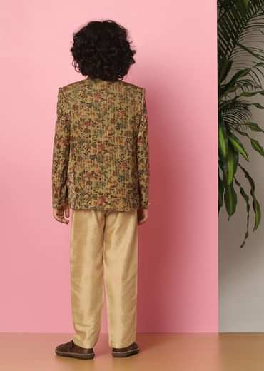 Kalki Yellow Velvet Sherwani Set With Sequins And Floral Print For Boys