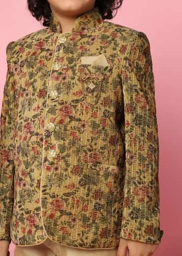 Kalki Yellow Velvet Sherwani Set With Sequins And Floral Print For Boys