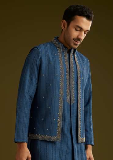 Knit Kurta Jacket Set With Moti Work In Navy Blue