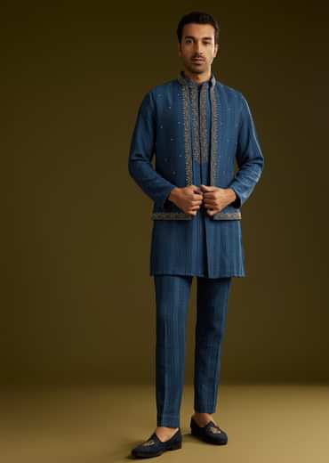 Knit Kurta Jacket Set With Moti Work In Navy Blue