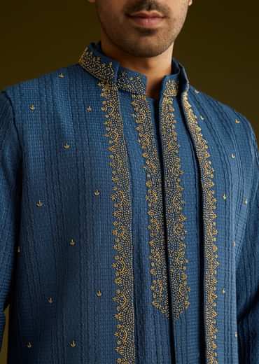 Knit Kurta Jacket Set With Moti Work In Navy Blue