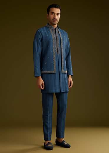 Knit Kurta Jacket Set With Moti Work In Navy Blue