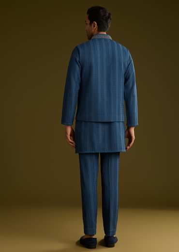 Knit Kurta Jacket Set With Moti Work In Navy Blue