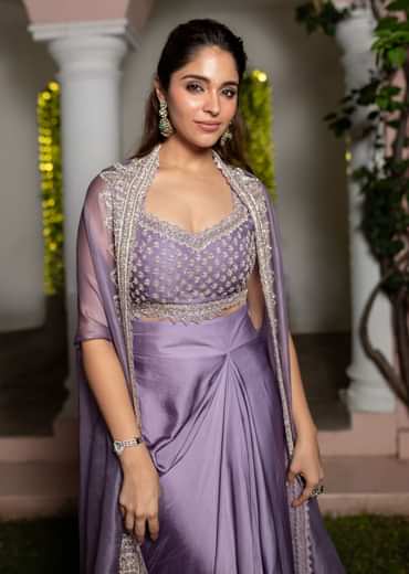 Lavendar Embroidered Crop Top And Sequin Work Jacket With Draped Skirt