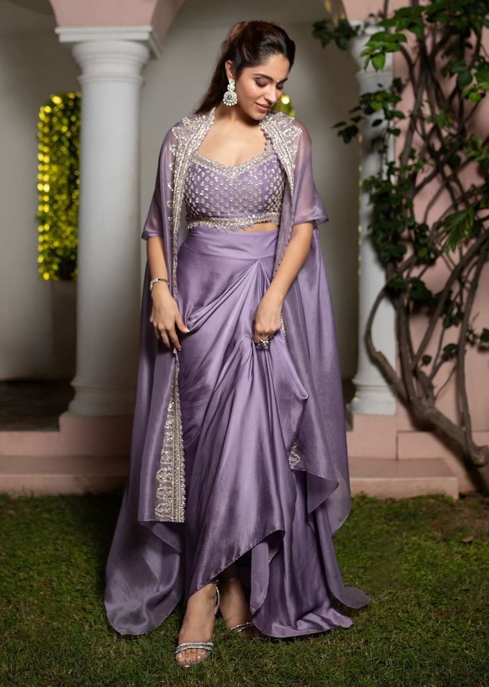 Lavendar Embroidered Crop Top And Sequin Work Jacket With Draped Skirt