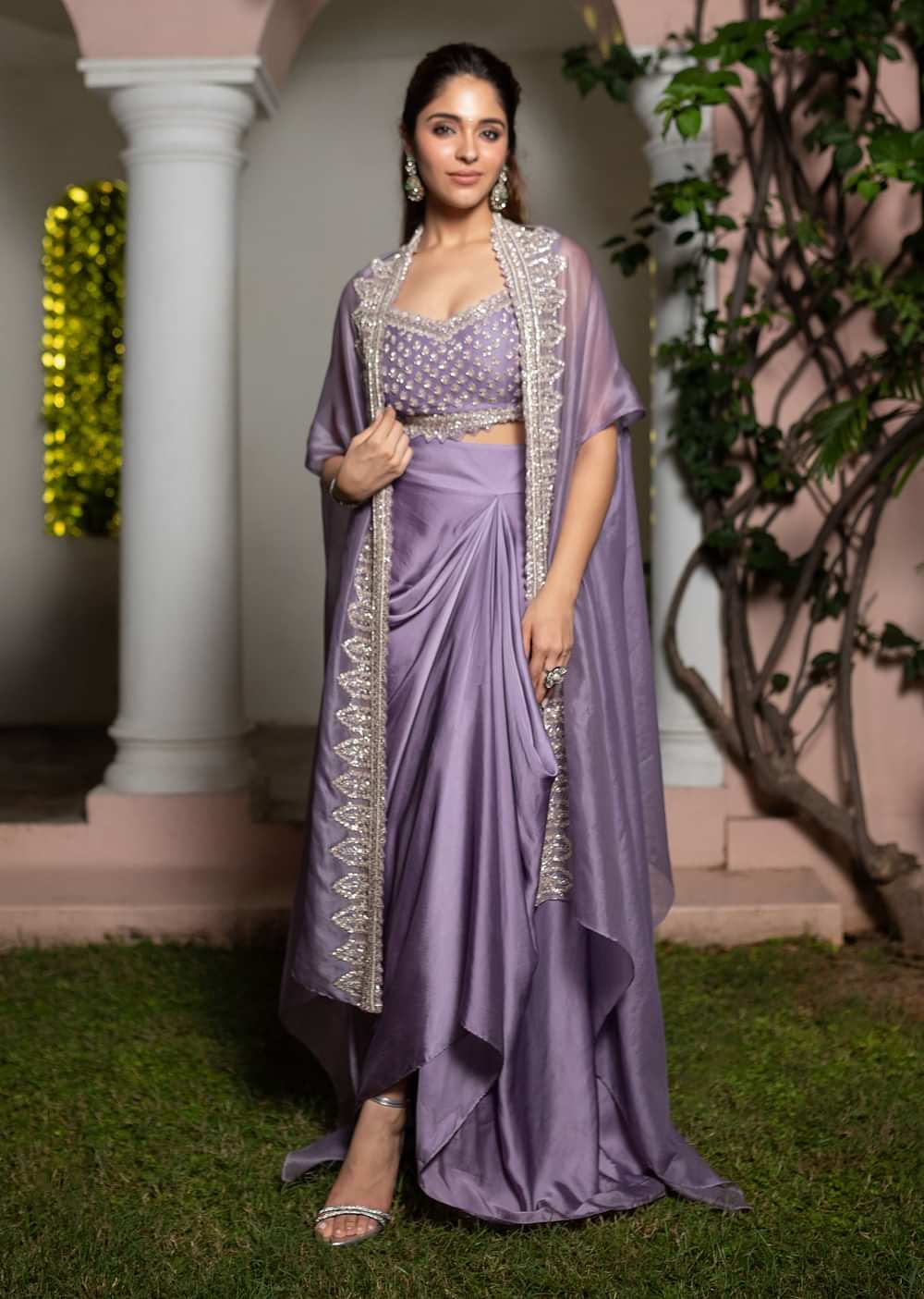 Lavendar Embroidered Crop Top And Sequin Work Jacket With Draped Skirt