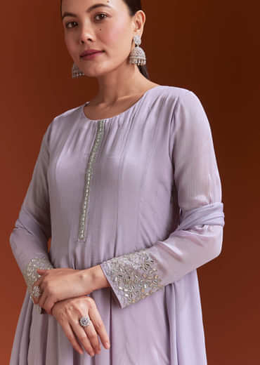 Lavender Chinon Anarkali Suit With Beads And Stone Work