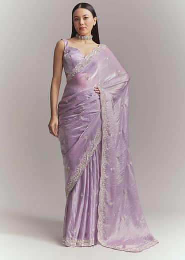 Lavender Chinon Embroidered Saree With Floral Embroidery