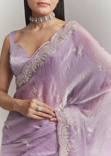 Lavender Chinon Embroidered Saree With Floral Embroidery