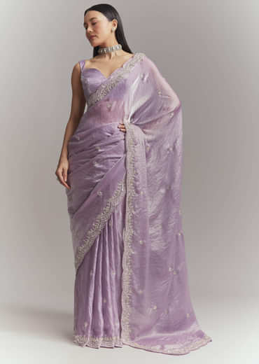 Lavender Chinon Embroidered Saree With Floral Embroidery