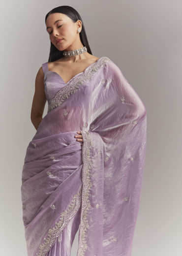 Lavender Chinon Embroidered Saree With Floral Embroidery