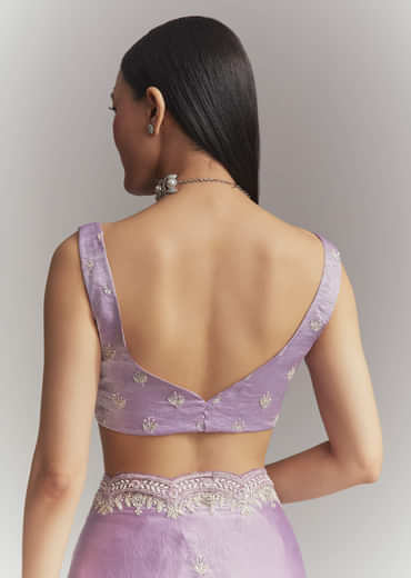 Lavender Chinon Embroidered Saree With Floral Embroidery