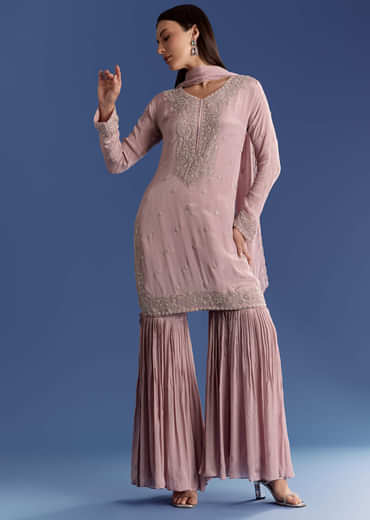 Lavender Chinon Kurta Set With Moti And Cutdana Dupatta