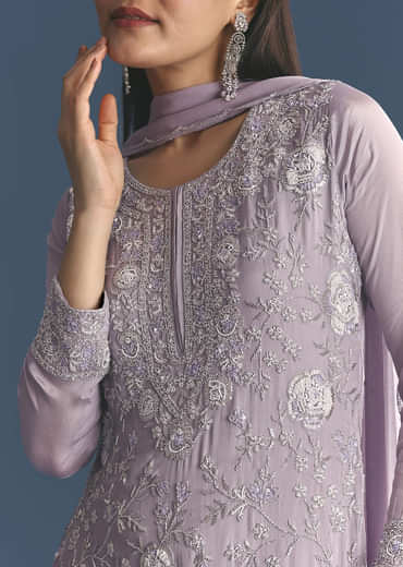Lavender Chinon Kurta Sharara Suit With Moti Work