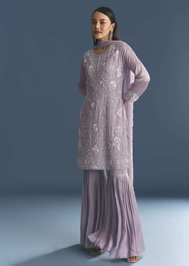 Lavender Chinon Kurta Sharara Suit With Moti Work