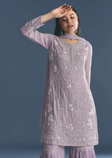Lavender Chinon Kurta Sharara Suit With Moti Work