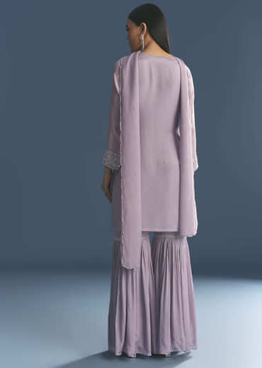 Lavender Chinon Kurta Sharara Suit With Moti Work