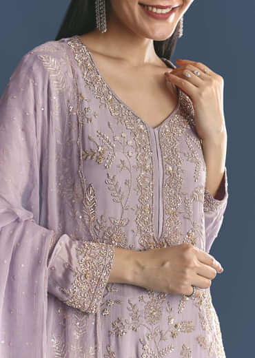 Lavender Chinon Kurta Sharara With Cutdana Dupatta