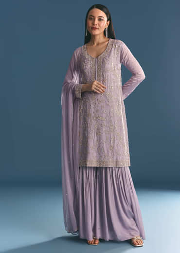 Lavender Chinon Kurta Sharara With Cutdana Dupatta