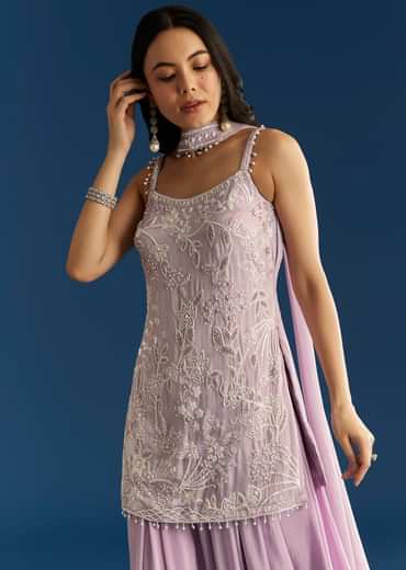 Lavender Chinon Moti Sequin Palazzo Set With Choker Style Dupatta