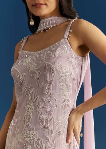 Lavender Chinon Moti Sequin Palazzo Set With Choker Style Dupatta