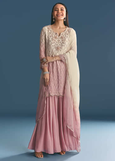Lavender Chinon Ombre Kurta Palazzo Suit With Sequins Thread Work
