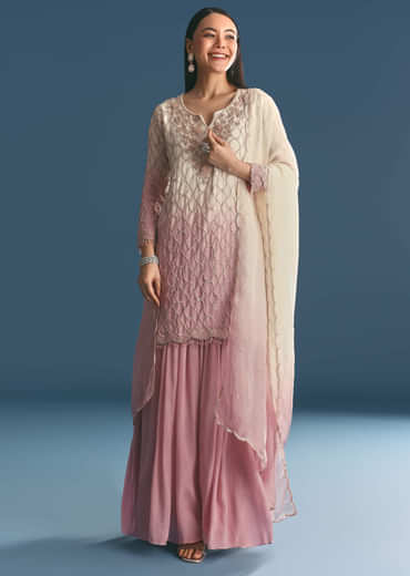 Lavender Chinon Ombre Kurta Palazzo Suit With Sequins Thread Work