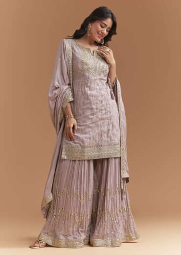 Lavender Chinon Palazzo Suit With Intricate Sequins Work