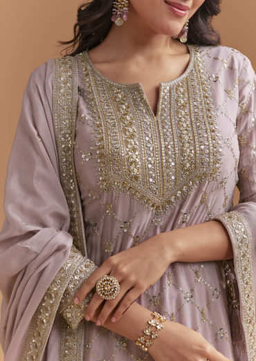 Lavender Chinon Palazzo Suit With Intricate Sequins Work