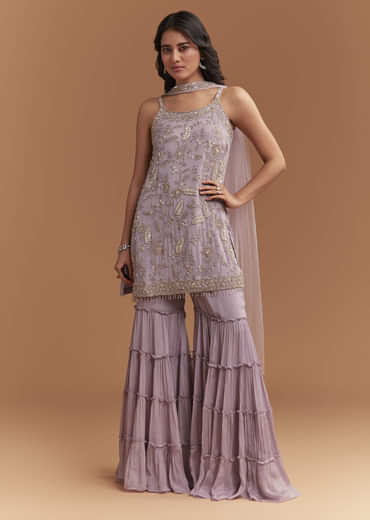 Lavender Chinon Sharara Suit With Cutdana And Sequins Work