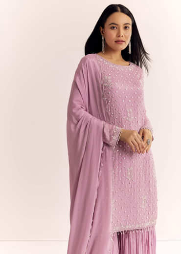 Lavender Chinon Sharara Suit With Cutdana Moti And Sequins
