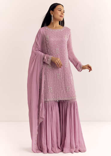 Lavender Chinon Sharara Suit With Cutdana Moti And Sequins